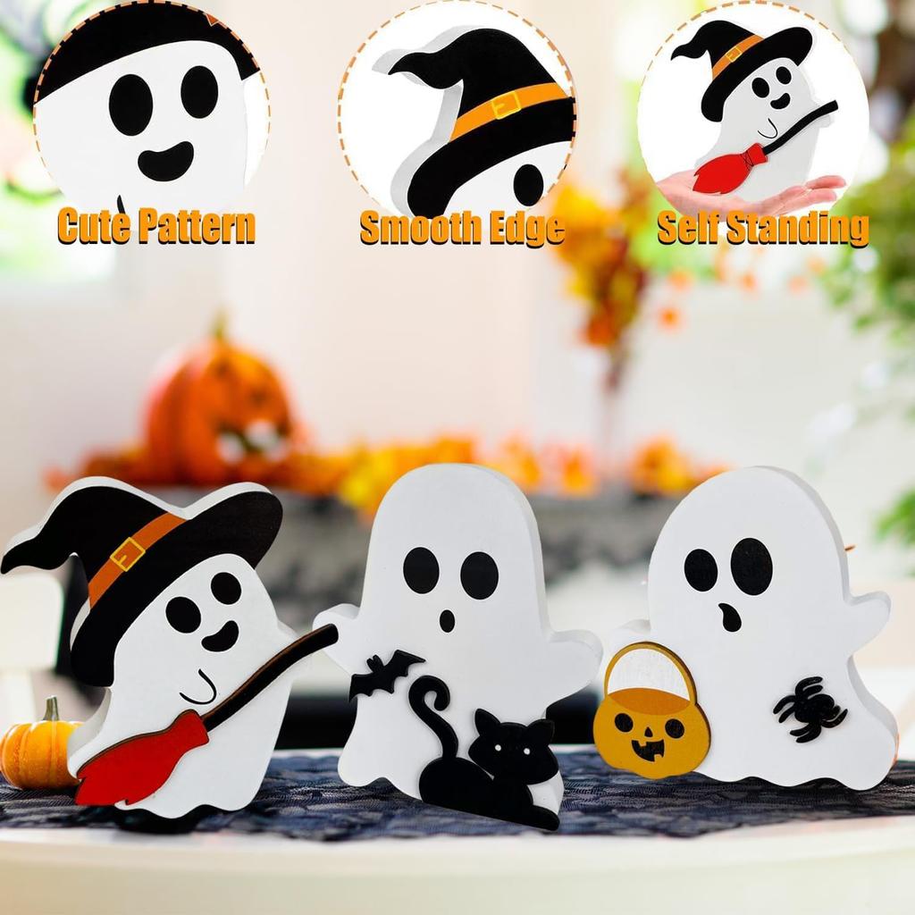 Cute Ghost Halloween Decorations for Indoors Spooky Decorations Wooden Black Cat Bat Witch Broom Signs Pumpkin Blocks Decor