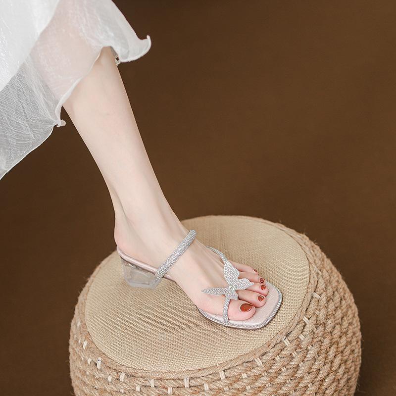 Square head thick heel with rhinestone butterfly cool slippers children are not tired feet new summer