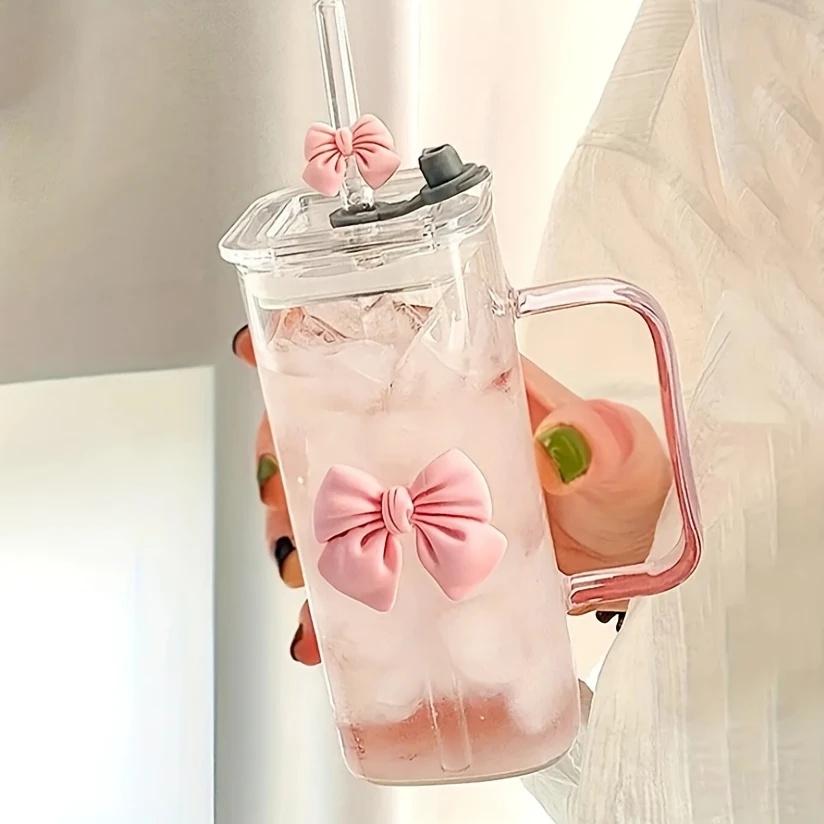 400mL Elegant Butterfly-Decorated Glass Tumbler with Straw & Handle - Reusable Freezer-Safe Water Cup for Coffee Juice Milk