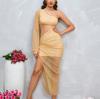 New clearance neck dress, European and American sexy printing irregular ruffle edge backless dress