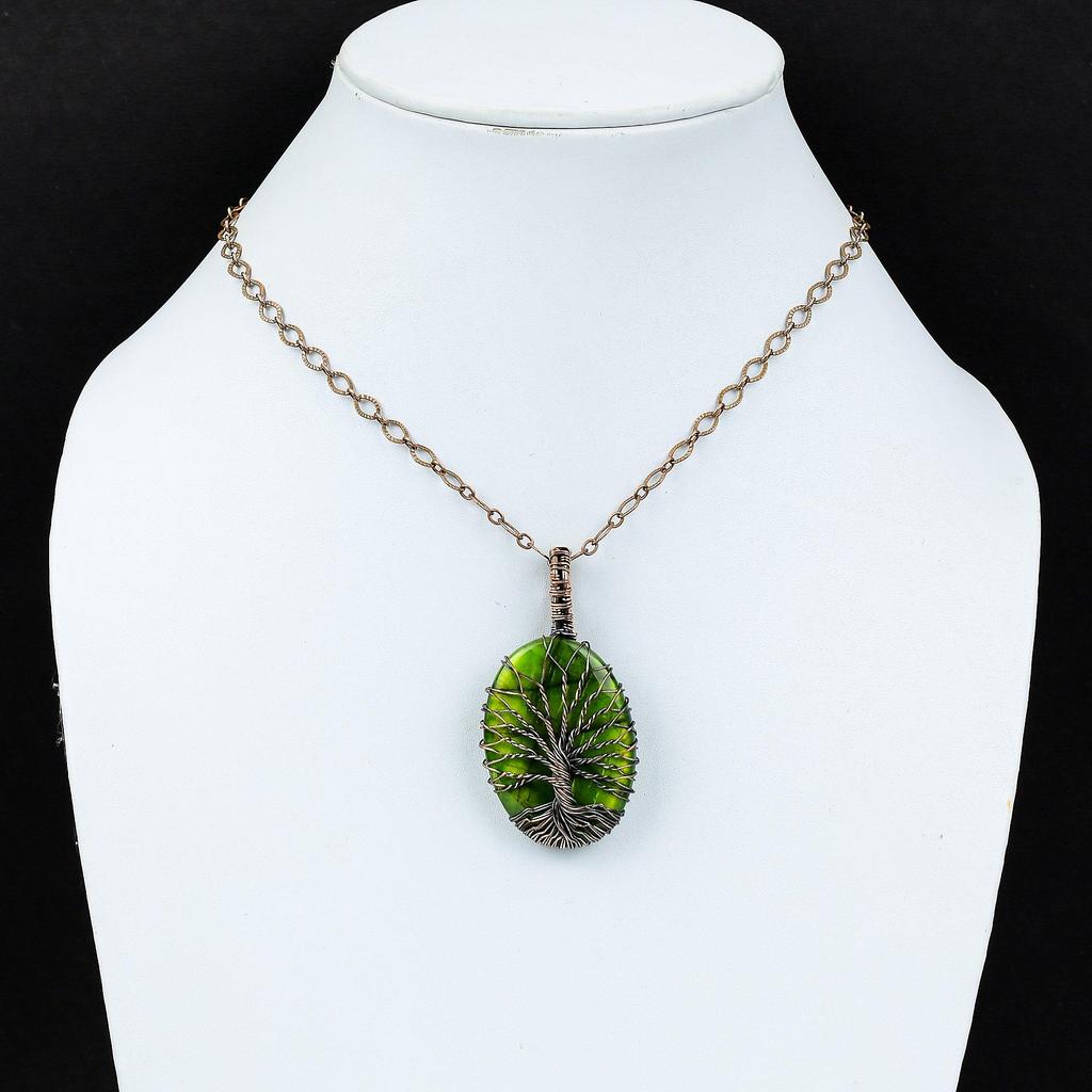 Tree Of Life Green Flash Labradorite Gemstone Pure Copper Wire Wrapped Handmade Pendant Jewelry