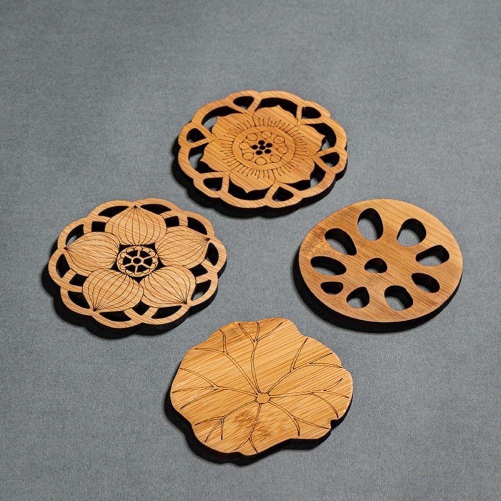 6Pcs/Set Chinese Style Wooden Round Cup Mat Lotus Flower Tea Cups Coaster  Home Decoration