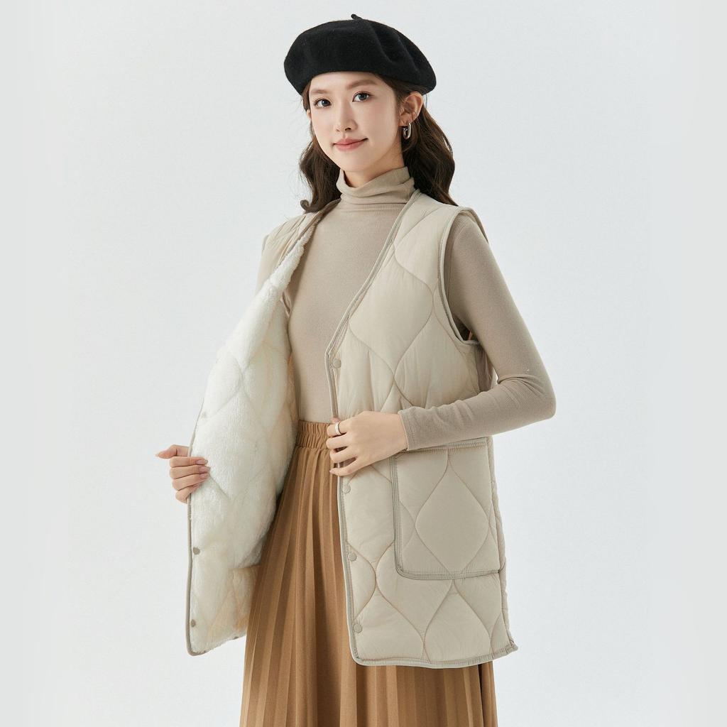 Girlfriends' Wear Plus Thickened and Padded Medium-length Women's Models Lamb's Wool Buttons Casual Outside The Cotton Vest Fashionable and Warm