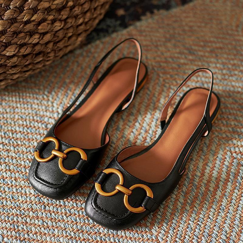 Baotou Back Empty Strap Sandals Women's Spring and Summer 2025 New Fashion Metal Buckle Low Thick Heel Square Head Single Shoes