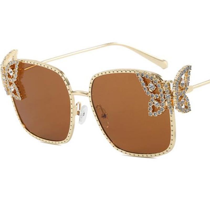 

NEW Sun Glasses Anti-UV Spectacles Women Retro Square Alloy Frame Eyeglasses Butterfly Design Google Diamond Studded Sunglasses as picture коричневый