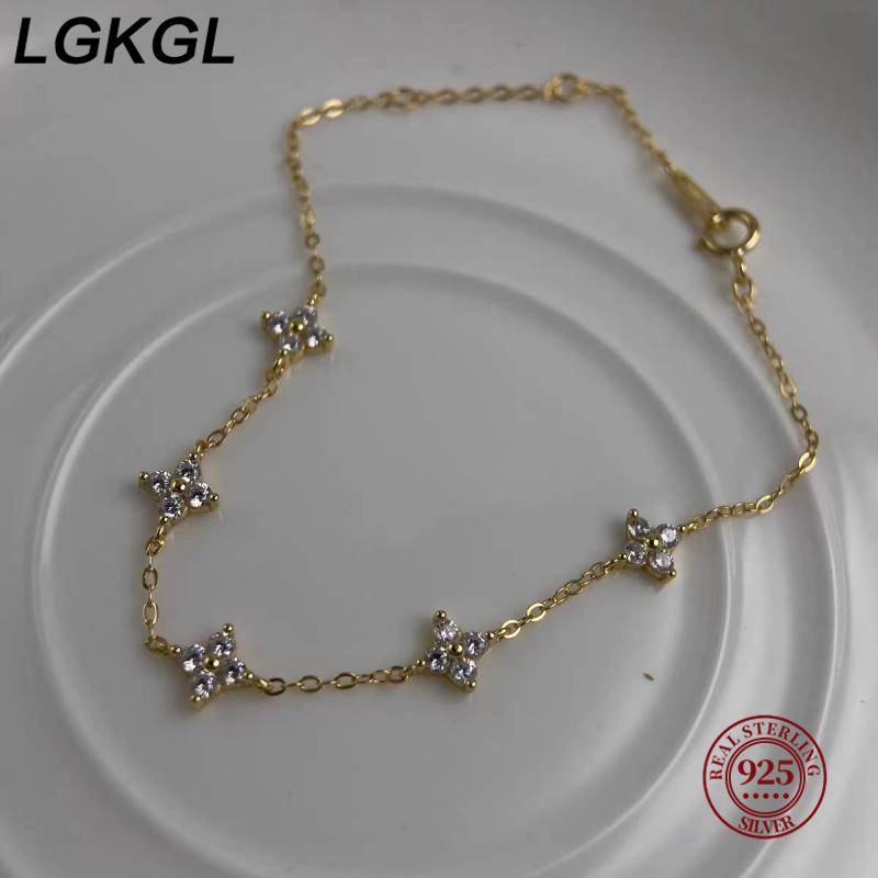 LGKGL S925 silver plated 18-karat gold four-leaf clover Full Star bracelet Simple zircon silver women's commute