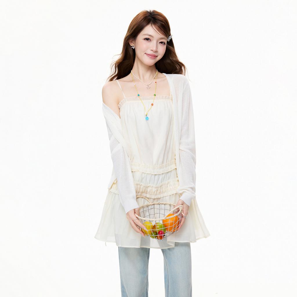 Apricot Small Fragrant Style Lace Hem Sling Vest Women's Summer New Slim-fit Pleated Sleeveless Top
