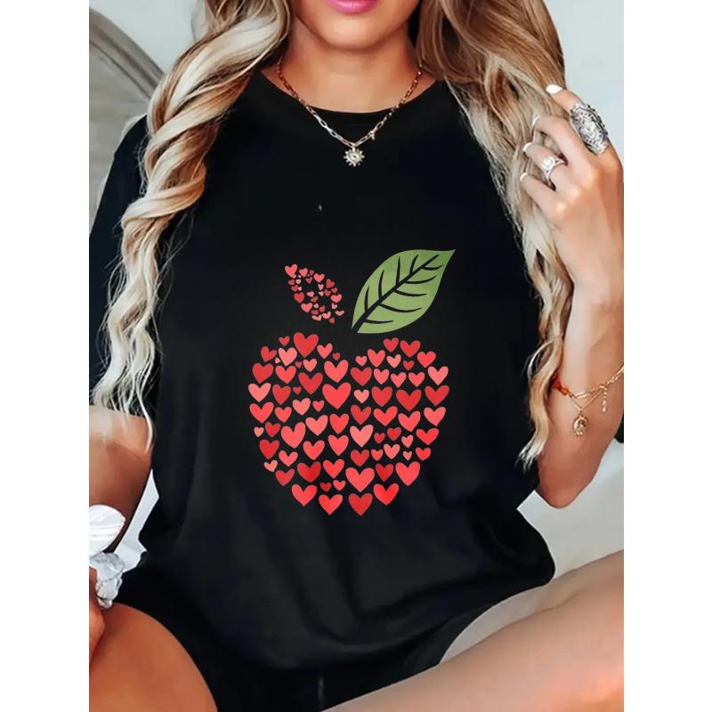 Black Oversized T Shirt With Heart Apple Print For Casual Wear