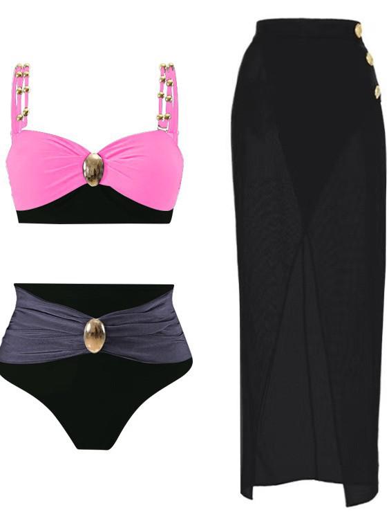 Women's 2026 European Color Block High Waist Bikini Set - Gold Plated Round Details, Sexy New Split Swimsuit