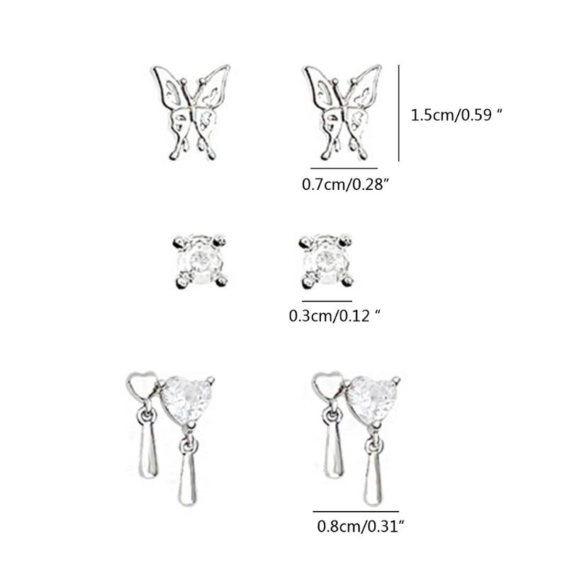 6Pcs Silver Rhinestones Butterfly Earrings Women Exquisite Casual Jewelry Punk Heart Stud Earrings for Girlfriend Gift