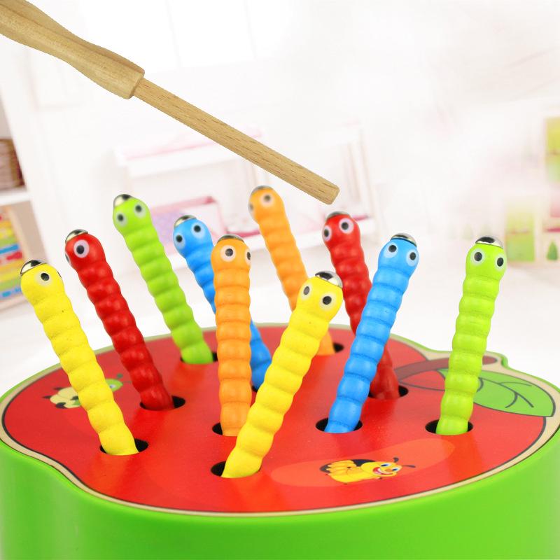 Magnetisches Wurmfangspiel aus Holz – Montessori-Früherziehungsspielzeug für Hand-Auge-Koordination und Konzentration