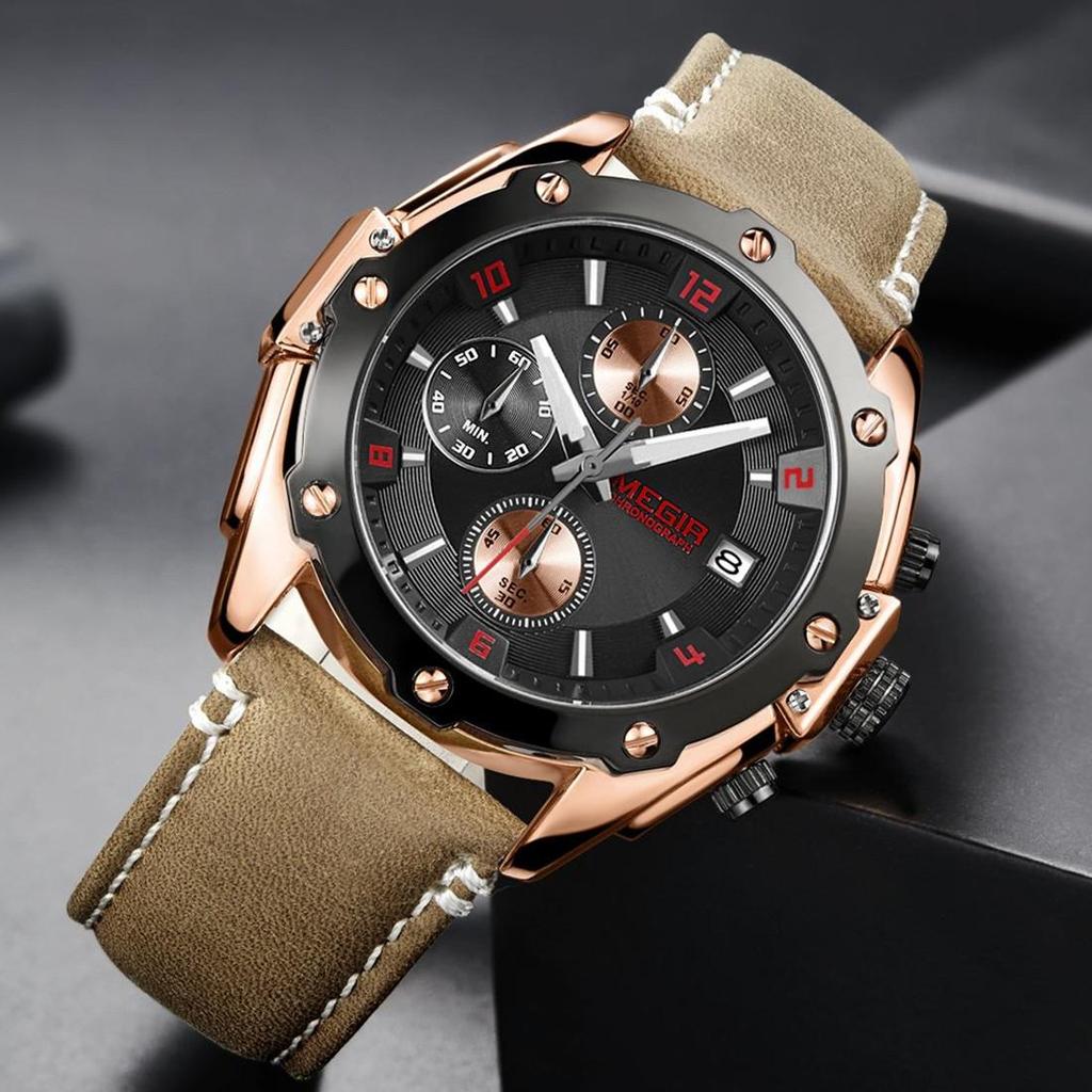 Megir Montre de Sport créative hommes Relogio Masculino mode chronographe Quartz montres horloge heure en cuir militaire armée montre