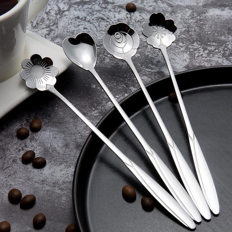 8/4PCS Stainless Steel Cherry Rose Flower Gold Scoop Coffee Spoon Gifts Kitchen Dessert Tea Accessories Tableware Decoration