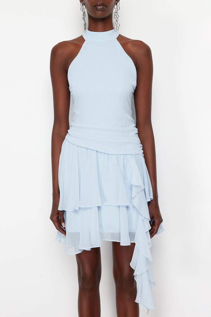 Women's Dress New Season Fashion Light Blue Chiffon Ruffle Elegant Woven Evening Dress