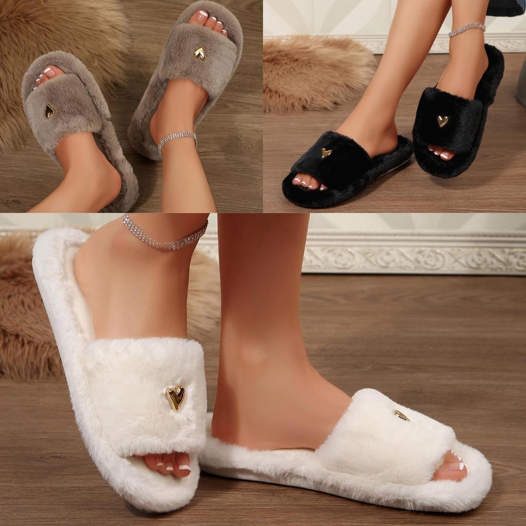 Women Metal Decoration Fuzzy Slippers Heart Shape Indoor Outdoor Non- Soft Sole Sandals Fall Winter