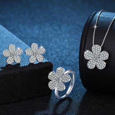 2026 Moissanite Flower Necklace Women's Collarbone Chain Simple Light Luxury Niche Pendant Fresh Three-piece Versatile Jewelry