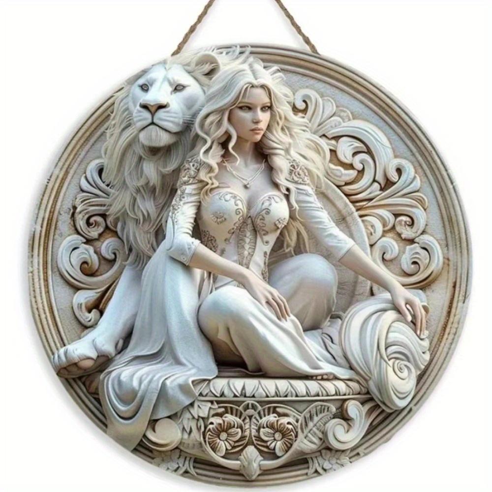

1 шт. 2d плоский белый лев и женщина тематический знак, круглый деревянный знак - 20 см, подходит для дома, кафе, ресторана, украшения гостиной, праздничного подарка 20cm*20cm