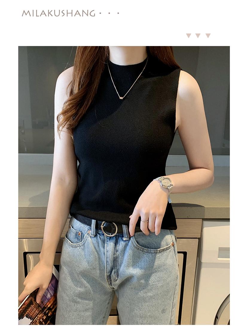 

Женский черный облегающий вязаный топ-майка – корейский стиль, полувысокий воротник One Size чёрный