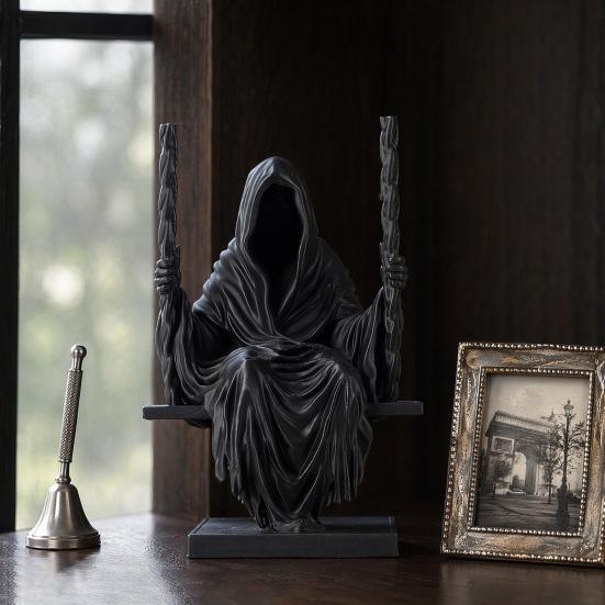 DYS 3D-gedruckte sitzende Sensenmann-Statue, gesichtsloser Mann in schwarzem Gewand auf Schaukel-Figur, gotische Kapuze Skulptur Ornament, dunkler Stil Figur Dekoration