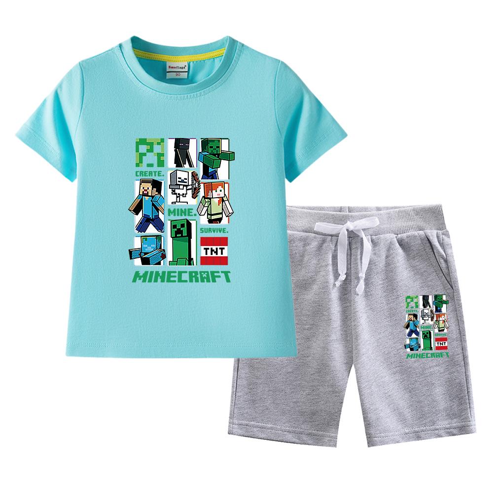 Minecraft Kids' Summer Outfit: Pure Cotton Short Sleeve T-Shirt & Shorts Set for Boys & Girls