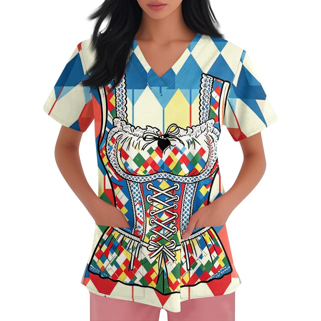 Women's V Neck Short Sleeve Work Shirt with Pockets Oktoberfest Print Top Caregiver Uniform Tee for Medical and Hospitality Use