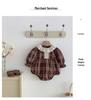Autumn Retro Plaid Romper with Lace Collar for Baby Girls, Outdoor Crawling Suit
