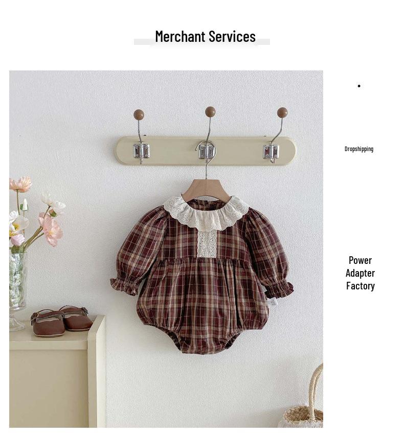 Autumn Retro Plaid Romper with Lace Collar for Baby Girls, Outdoor Crawling Suit