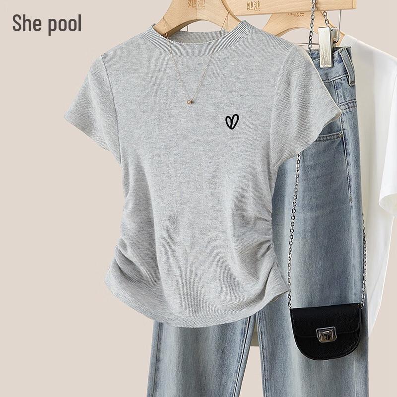Women s 2026 S/S Slim Fit Round Neck Pleated Knit Top XXL