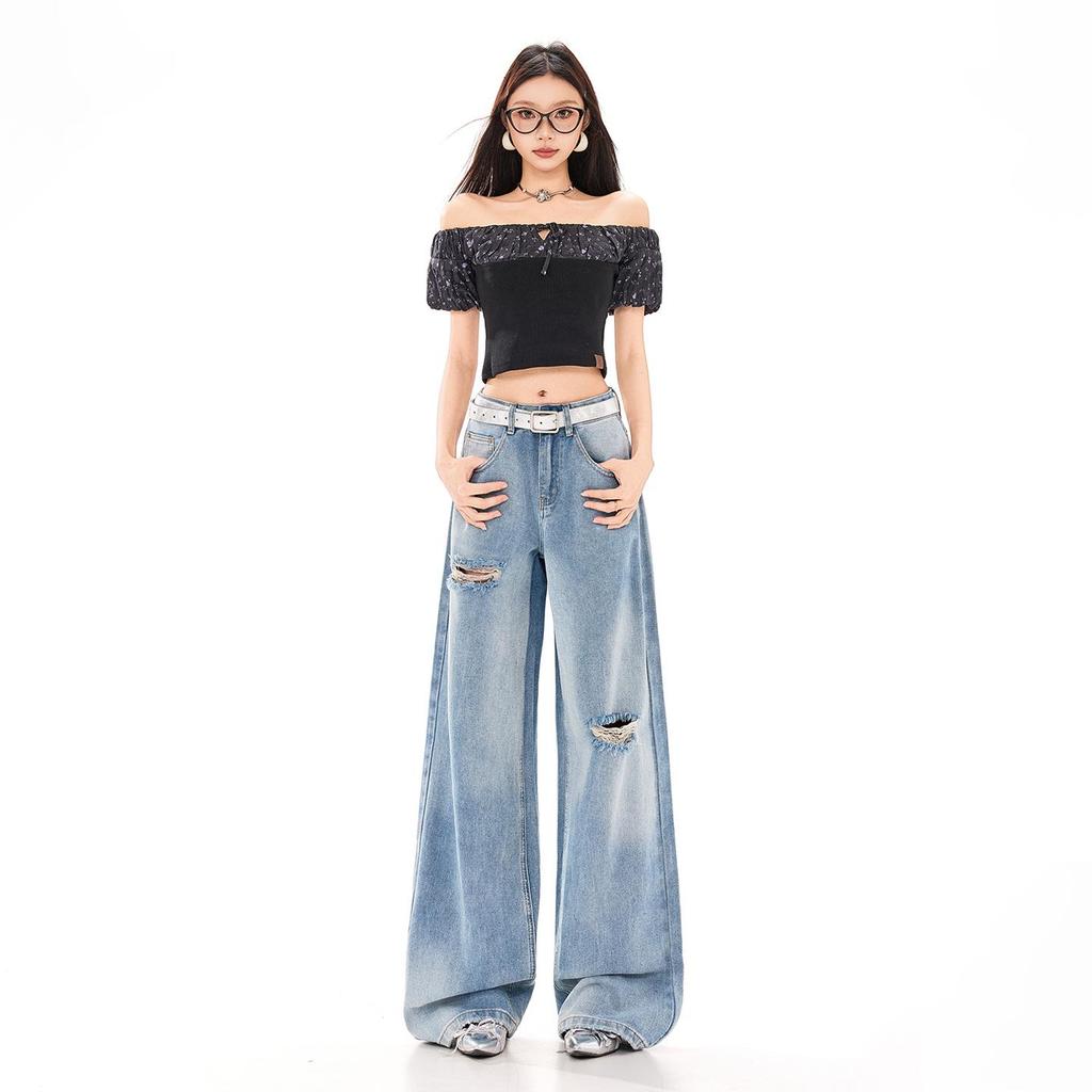 Women's American Retro Ripped Wide-Leg Jeans - 2026 Spring/Summer Collection, Versatile Slimming Design.