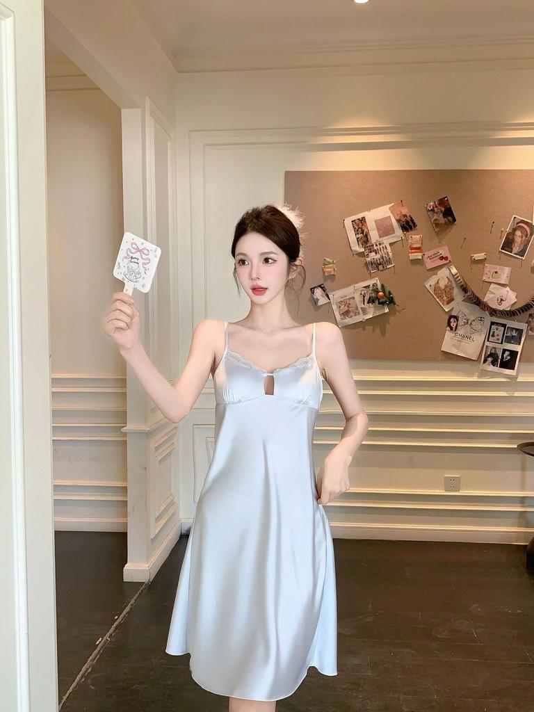 Ice Silk Pajamas Women's Summer Simple and Sexy Suspender Chest Pad Nightdress Thin 1011 New Pure Desire Style Loungewear