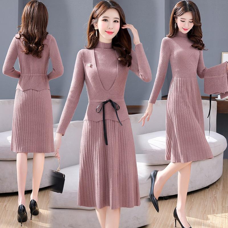 Women Autumn Winter Long Sleeves Knitted Dress Slim Sweater Vest Two Sets