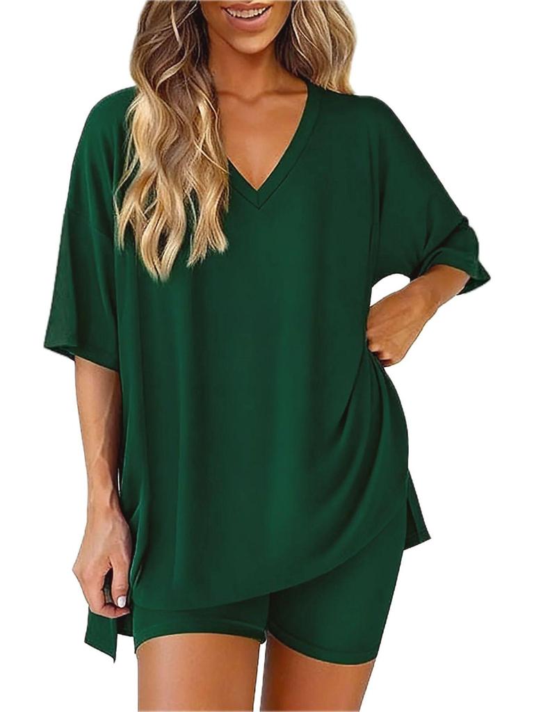 Women's Summer Fashion V-Neck Pajama Set - Casual, Loose, Solid Color