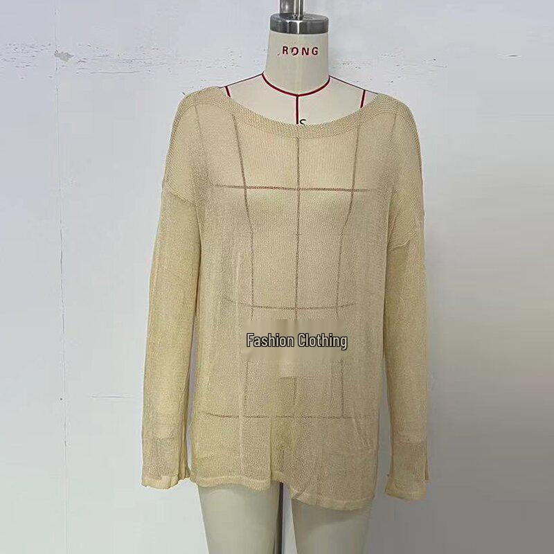 European & American Women's Sexy See-Through Loose Pullover Cardigan – Long Sleeve, Round Neck, Solid Color, Fashion Sun Protection