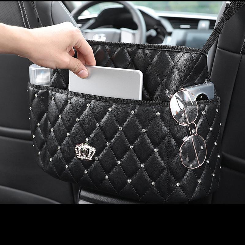 Rhinestone Crown Car Seat Storage Organizer Diamond Leather Handbag Holder for Purse Storage Phone Pocket Barrier of Backseat