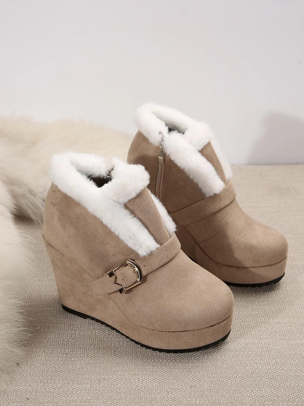 

Новые женские ботинки с круглым носком, с пряжкой, сексуальные ботильоны, на платформе, с рукавом, средней высоты голенища, банкетные, замшевые, больших размеров 36-43, Botas Mujer 36 бежевый