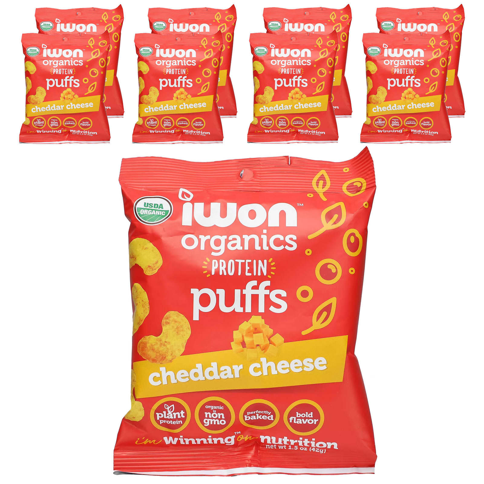 

IWON Organics, Organics Protein Puff, Cheddar Cheese, 8 bags, 42g (1.5oz) each