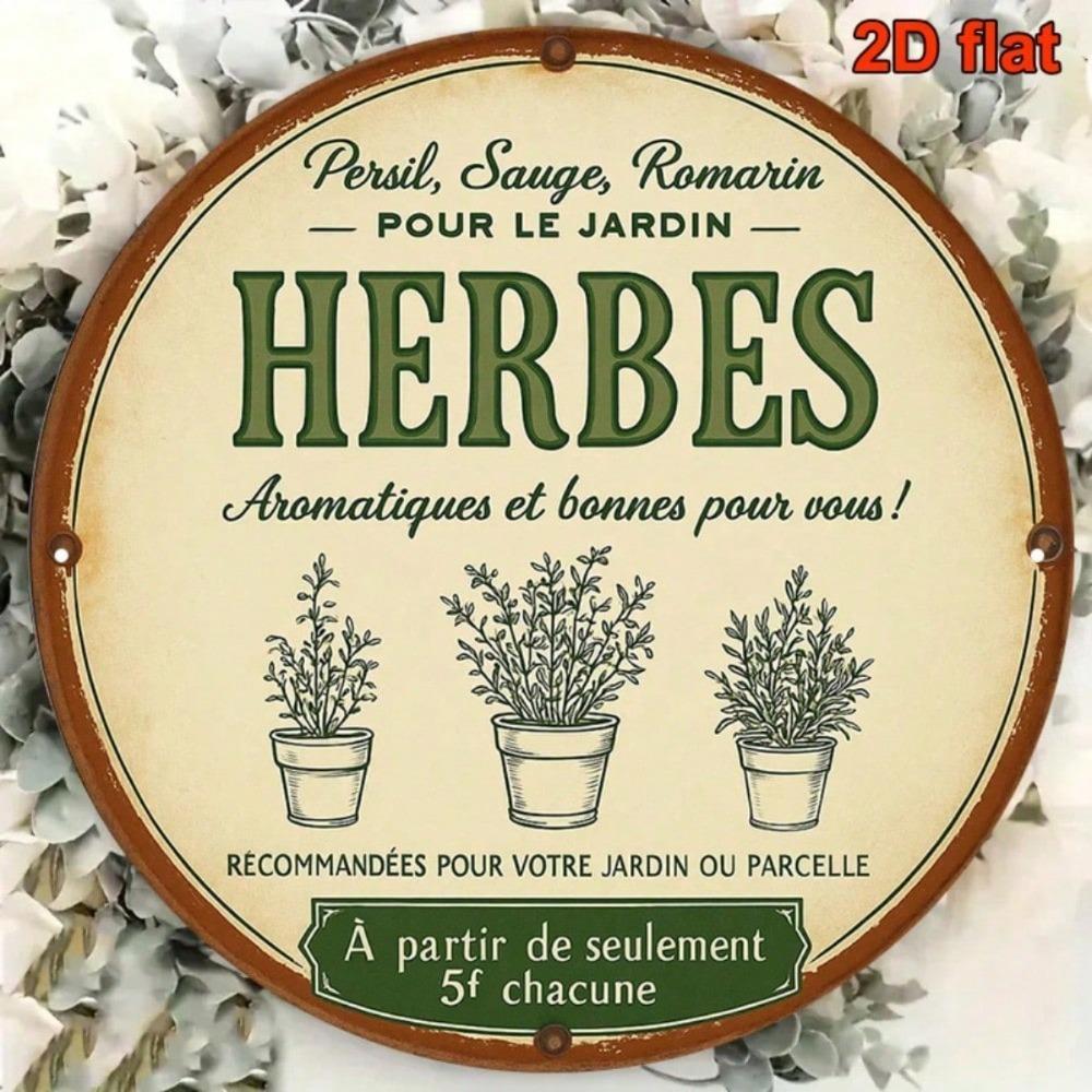 Vintage French Country Herb Tin Sign Round Tarragon Chamomile Marjoram Rustic Kitchen Farmhouse Wall Decor