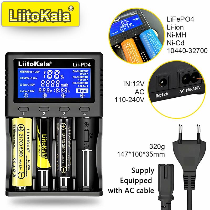 LiitoKala Lii-PD4/PD2 AC PD Charger LCD Fast Charging 4/2-Bay for 21700/18650/AA/AAA Multi-Protection Auto-Detect US