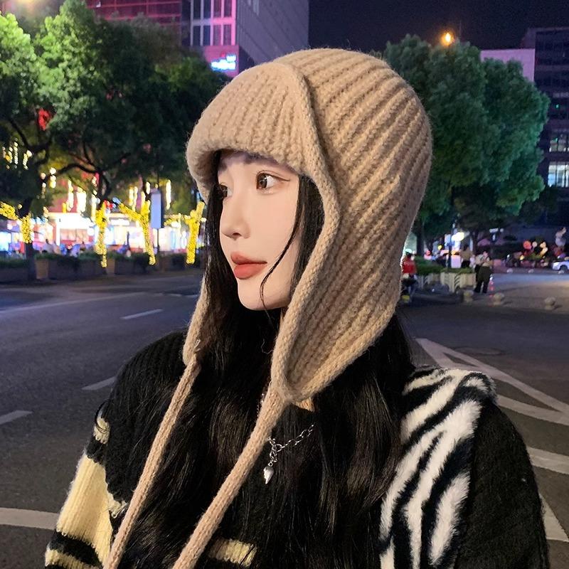 Winter Knitted Trapper Hat for Women Warm Wool Ear Protection Beanie with Earflap Solid Color Crochet Russian Bomber Hats