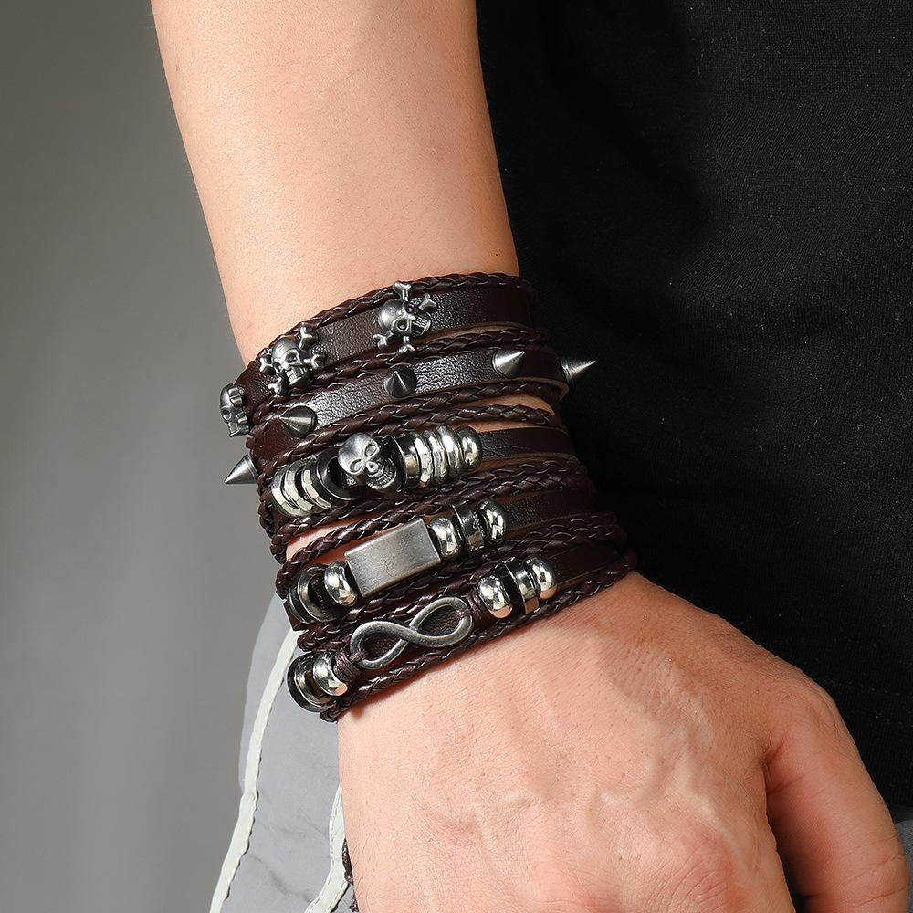 5 Piece Vintage Hip Hop Skull Leather Bracelet for Men's Gothic Punk Teenage Street Jewellery Accessories Man Handmade Bracelet