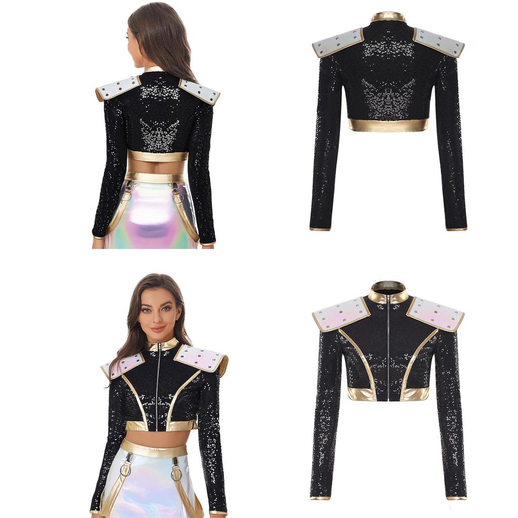 S-4XL Womens Singer Dance Cosplay Costume Long Sleeve Shoulder Epaulet Front Zipper Metallic Patchwork Sequin Crop Top Jacket