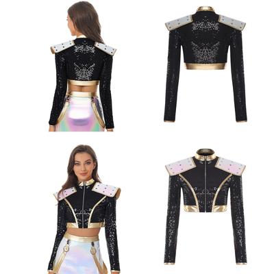 Komplettes Bühnen- & Party-Outfit S-4XL: Damen Pailletten Patchwork Crop Jacke mit Langarm & Frontreißverschluss, Disco Ready