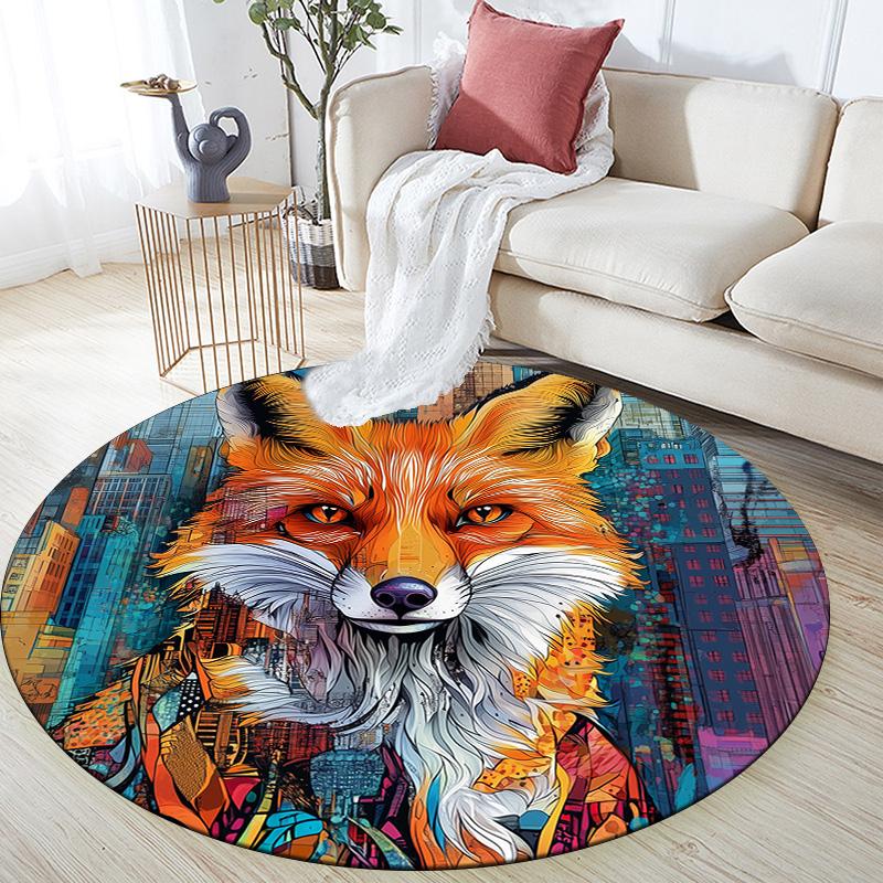 City Fox,Round Area Rug,Carpet Rug for Living Room Bedroom Sofa Playroom Decor,Non-slip Floor Mat