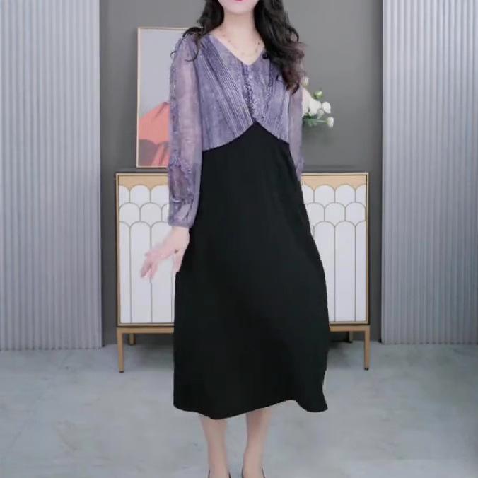 

2025 Spring/Summer French-Print Plus Size Chiffon Dress for Middle-Aged & Elderly Women L (100-120 jin)