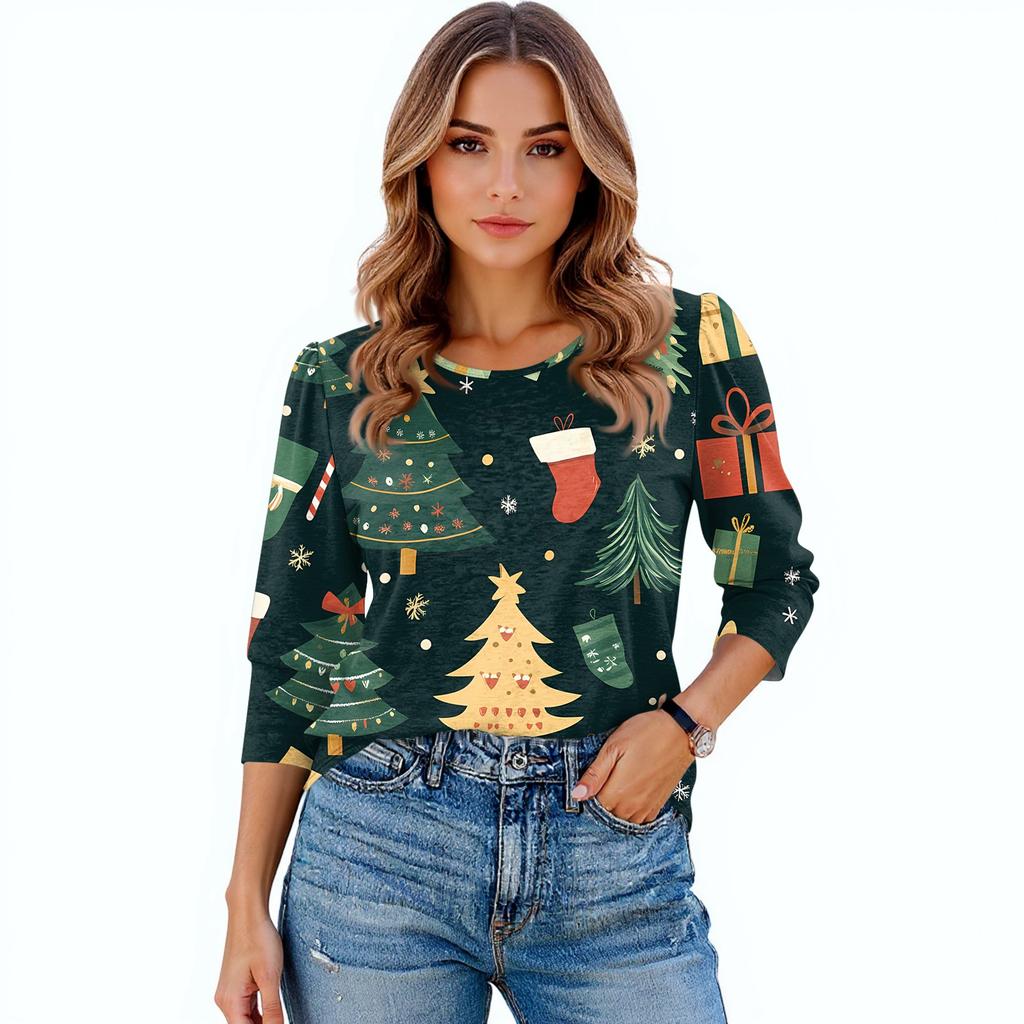 Women's Fashion Casual 3/4 Christmas Print Color Shirt Women's Round Neck Tops