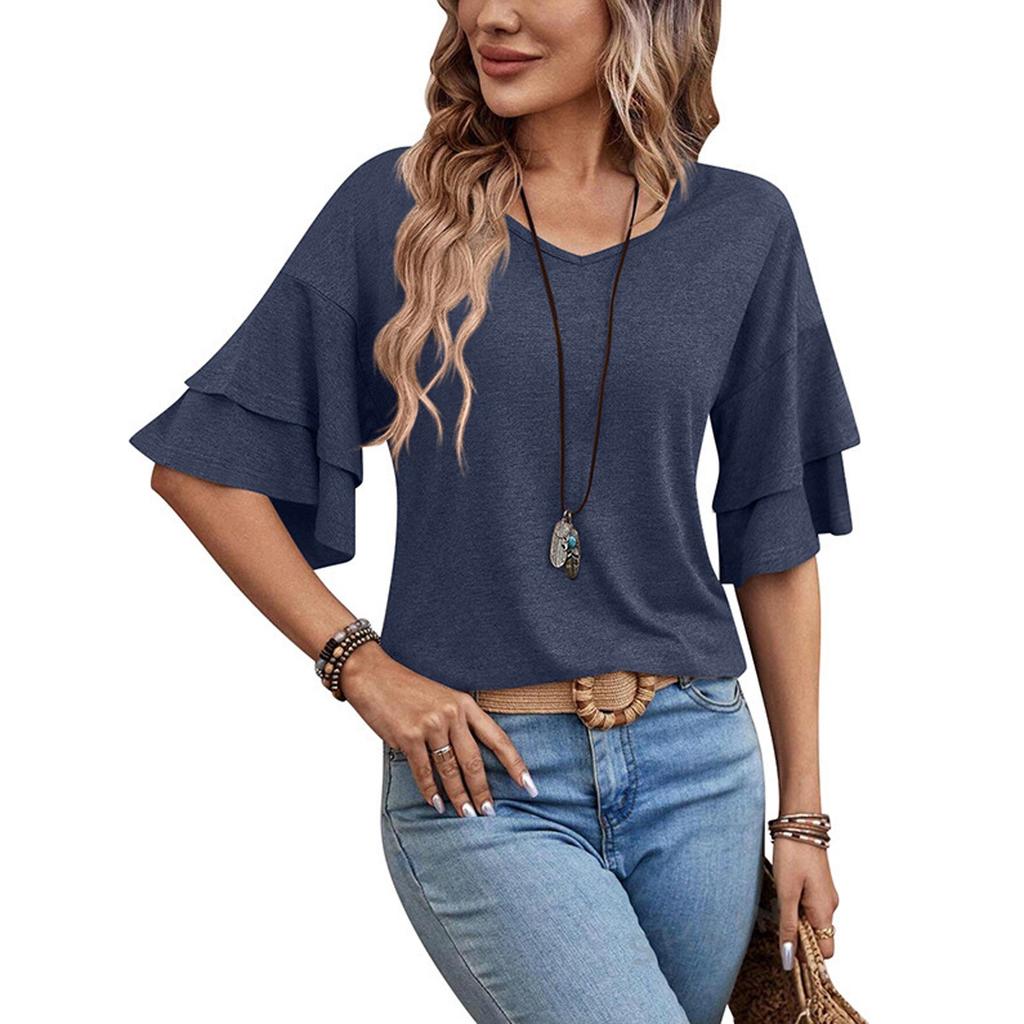 Tricou cu mânecă scurtă, la modă și sexy, cu tiv dublu și volane, la modă și sexy