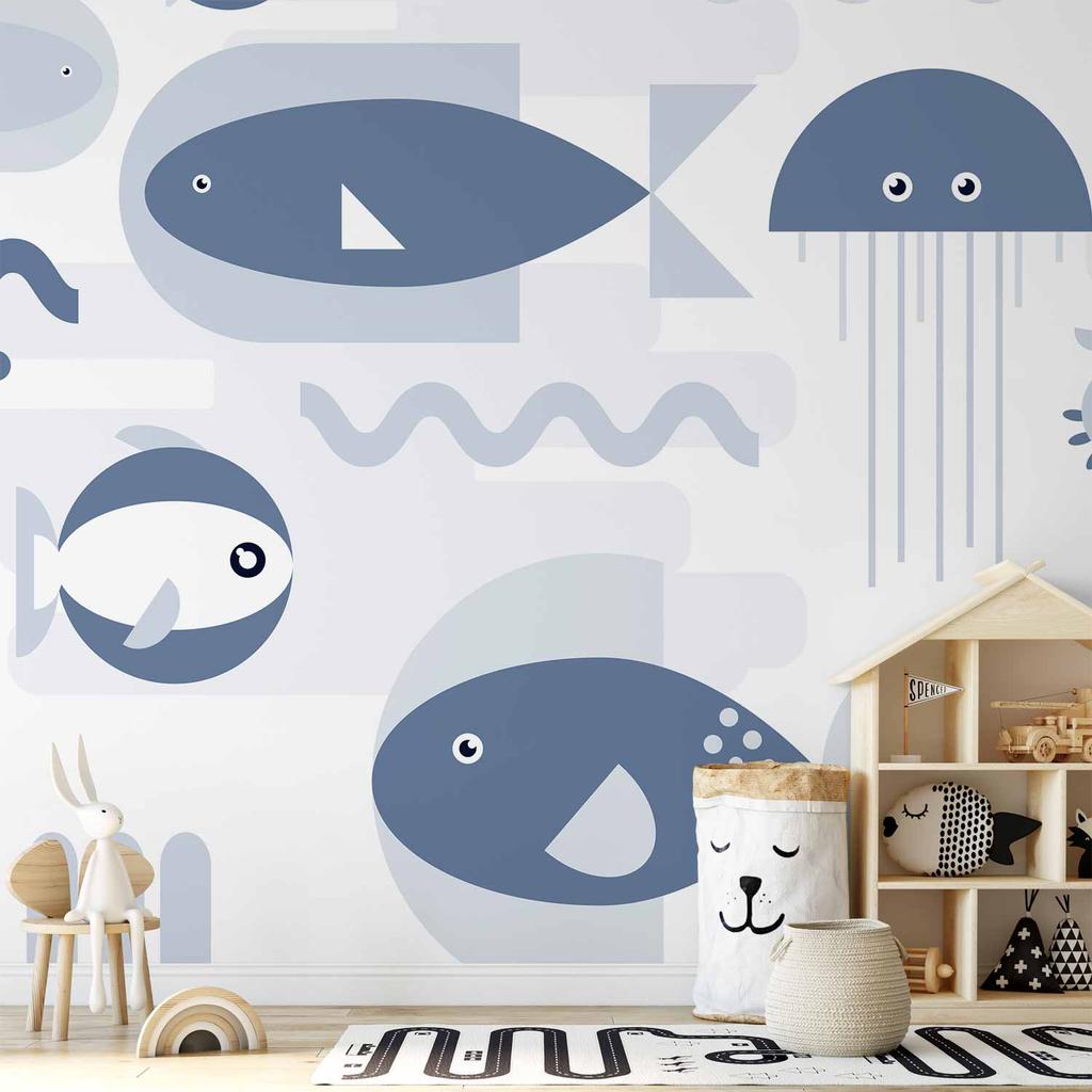 Fototapeta - Minimalistyczny Ocean - Geometryczne Rybki I Kraby W Wodzie Dla Dzieci
