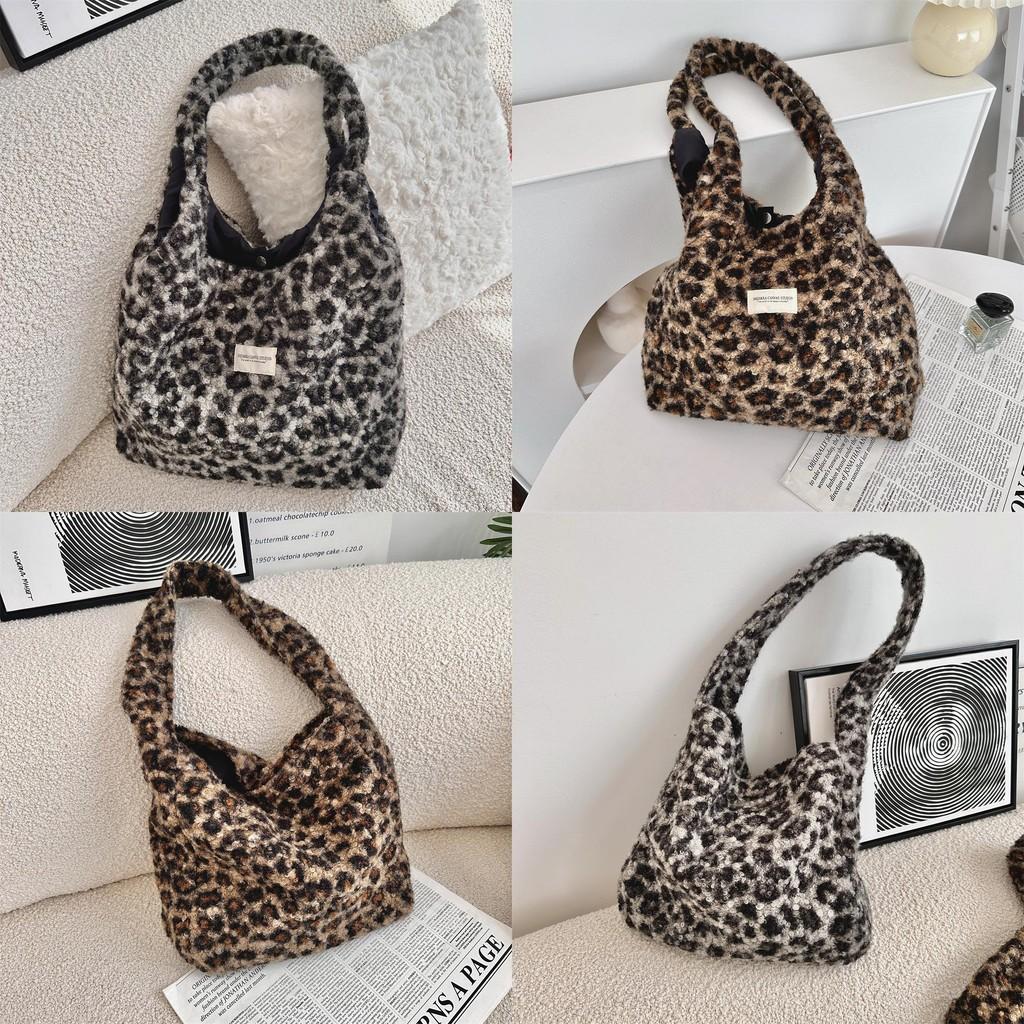 Fashionable Korean Ins Style Large Capacity Faux Lamb Wool Tote Bag In Leopard Print