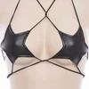 Sexy Women Leather Star Shape Strappy Bra Bustier Crop Top Bralette Hanging Neck Bandage Bra Reflective Silver Nightclub Vest