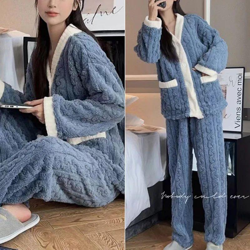 

2pcs/Set Autumn and Winter Pajamas Women Thickened Padded Warm Students Coral Girls Clot Velvet Suit Homewear Cardigan Trousers One Size синій